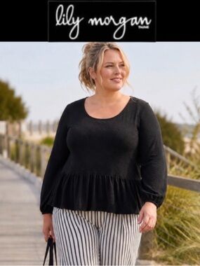 2X Lily Morgan Soft Peplum Top with Full Sleeves and Scoop Neck